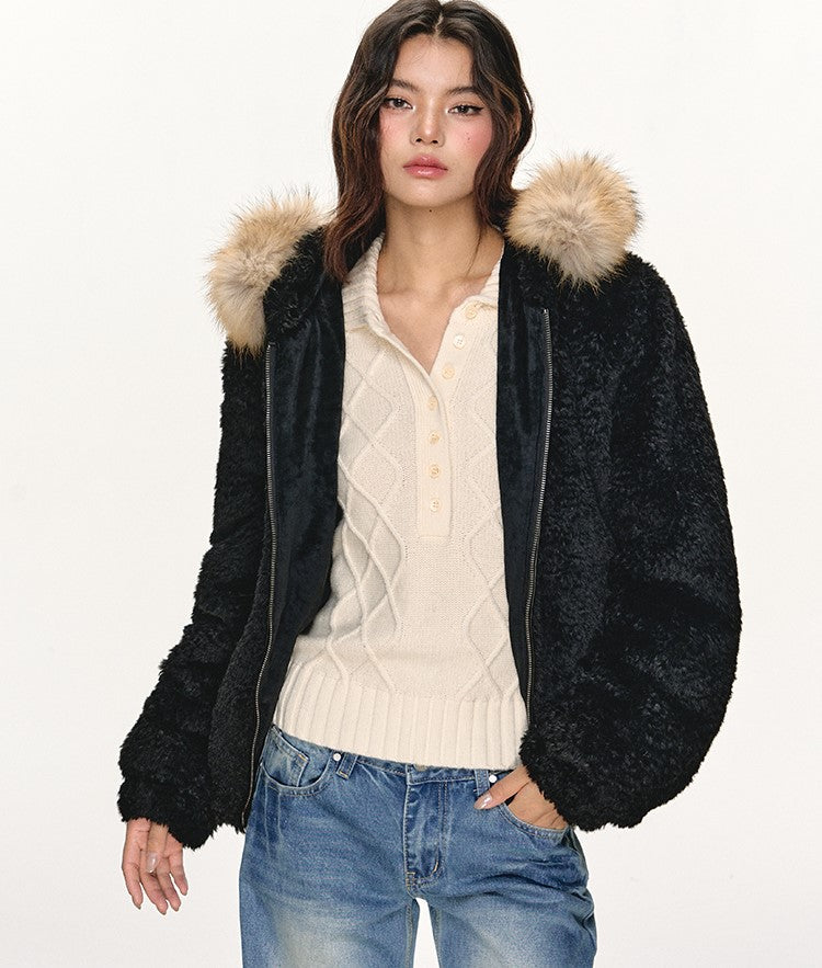 Fur Collar Black Hooded Jacket ANA0108