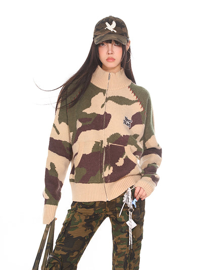 Retro Street Camouflage Knitted Zipper Jacket UNC0167