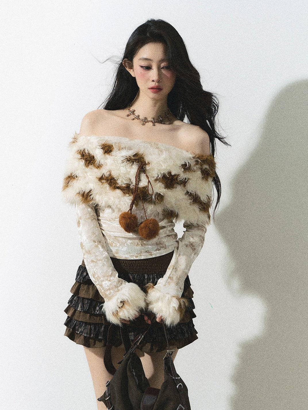 One Shoulder Long Sleeve Fur Tie-Dye Knitted Sweater DIA0250