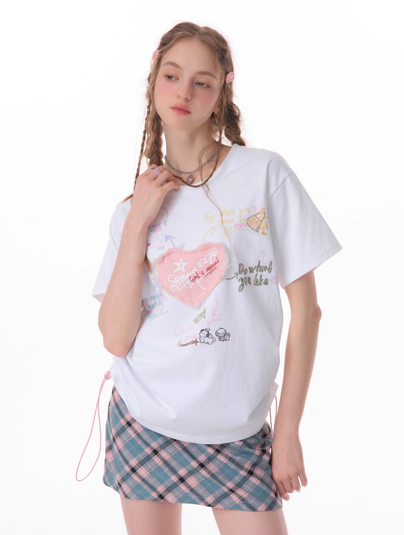 Drawstring Love Patch Printed Short-sleeved T-shirt ZIZ0076
