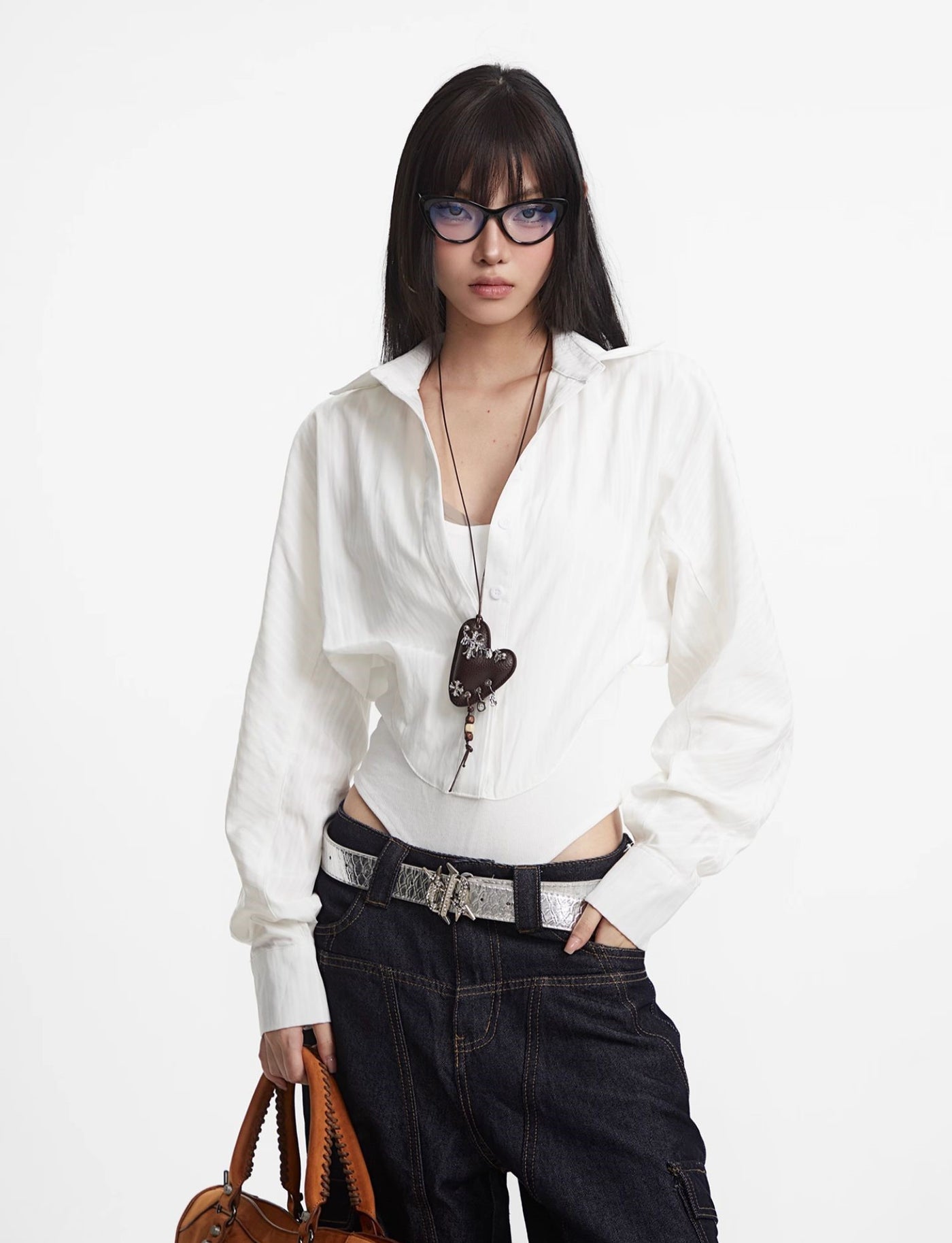 White Fake Two-piece Shirt Jumpsuit UNC0293