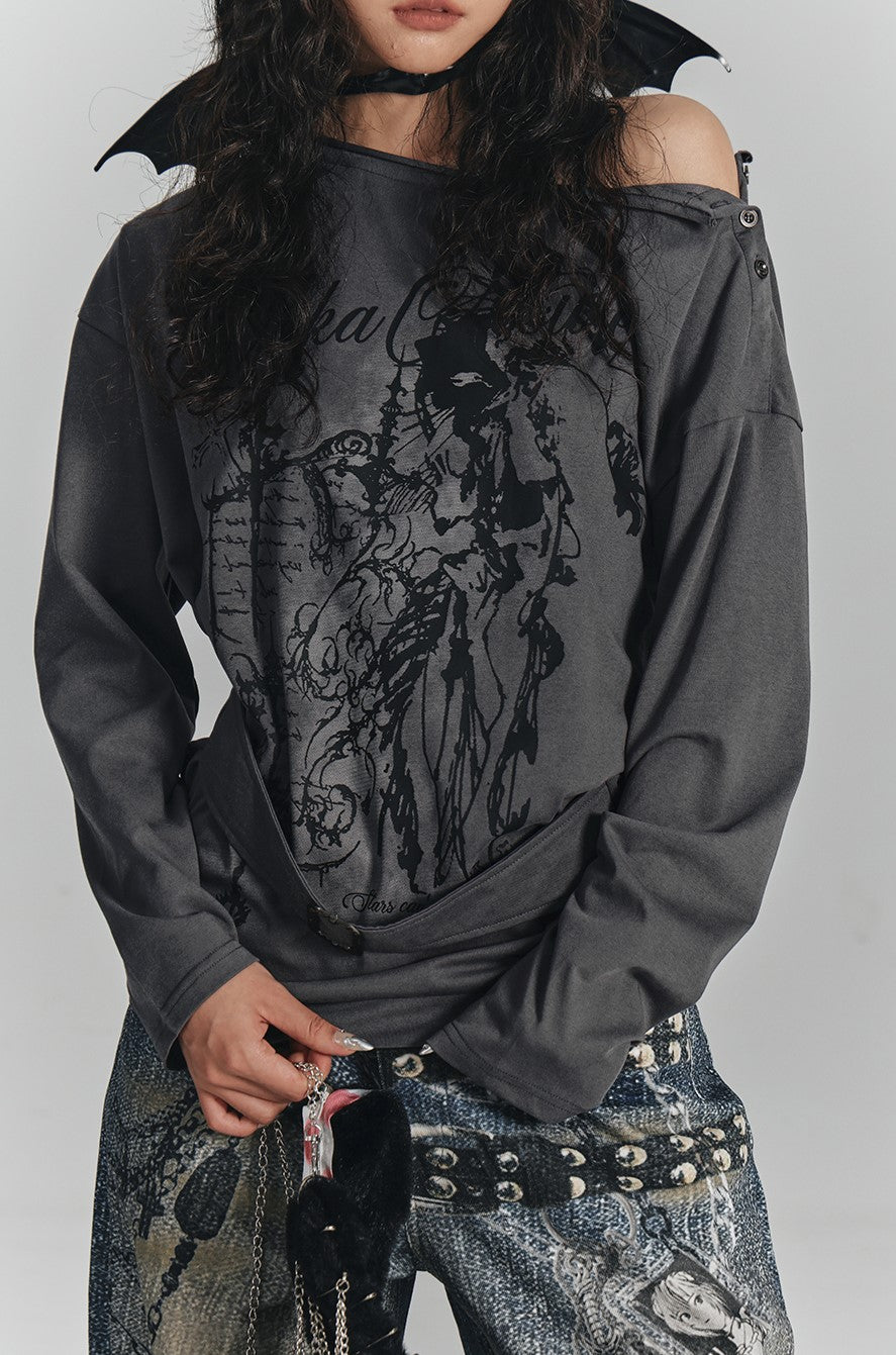 Print One Shoulder Loose T-shirt KIN0134