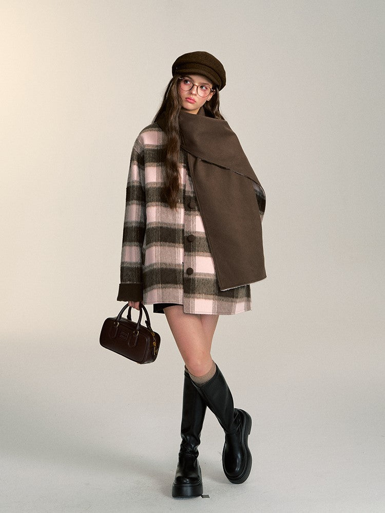 Double-sided With Scarf Retro Casual Plaid Short Woolen Coat QDQ0083