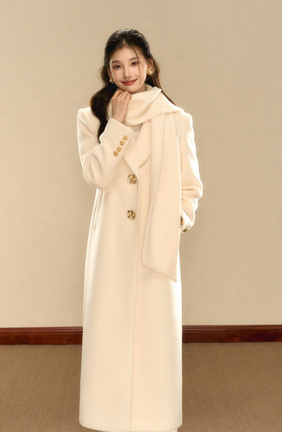 Milky White Simple Waist Long Wool Coat OSH0089