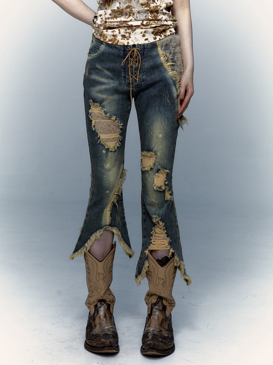 Retro Punk Patchwork Lace Ripped Cropped Flared Jeans NOR0069