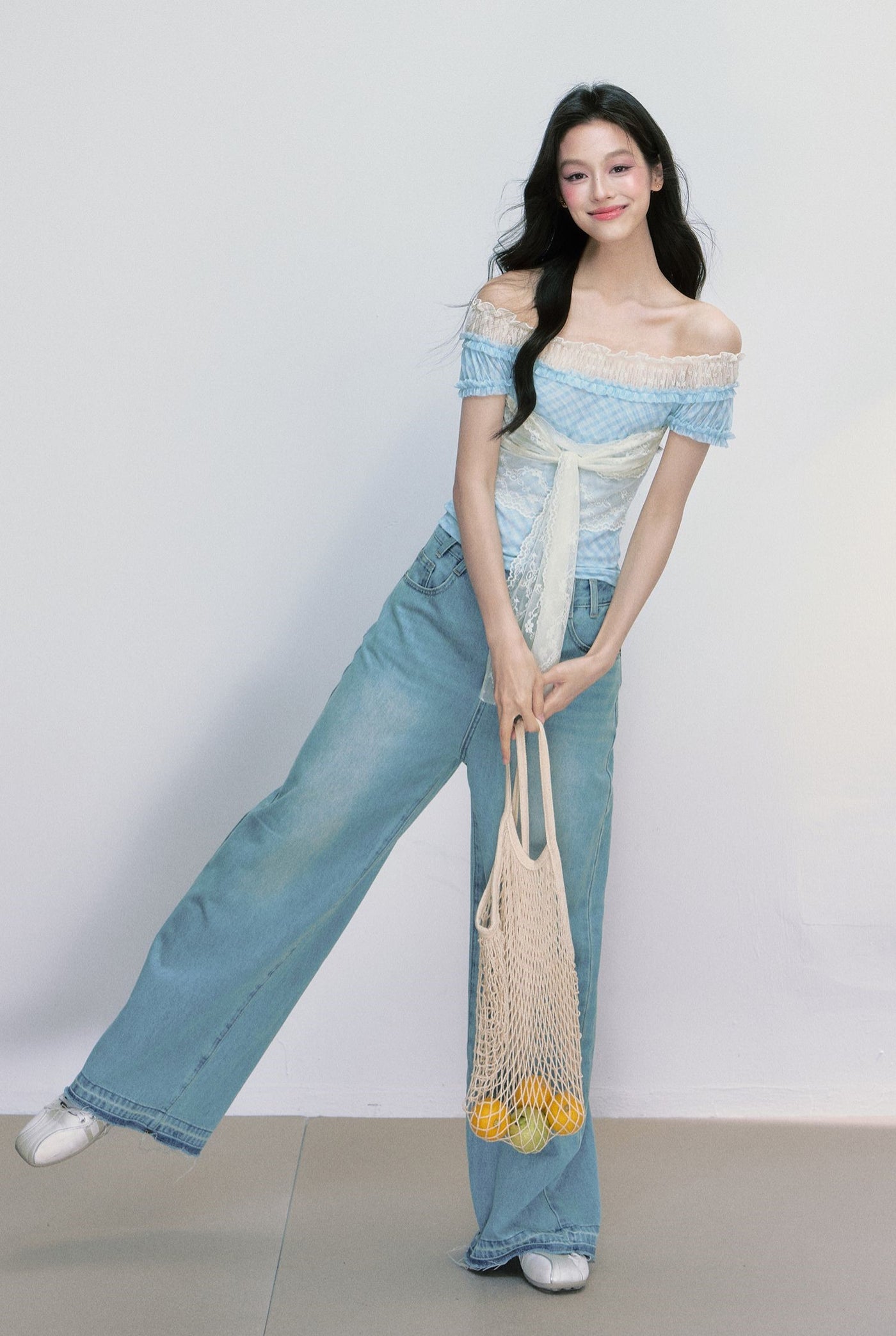 One-shoulder Strap Lace Plaid Top FRA0391