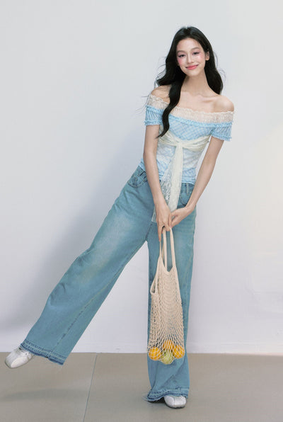 One-shoulder Strap Lace Plaid Top FRA0391