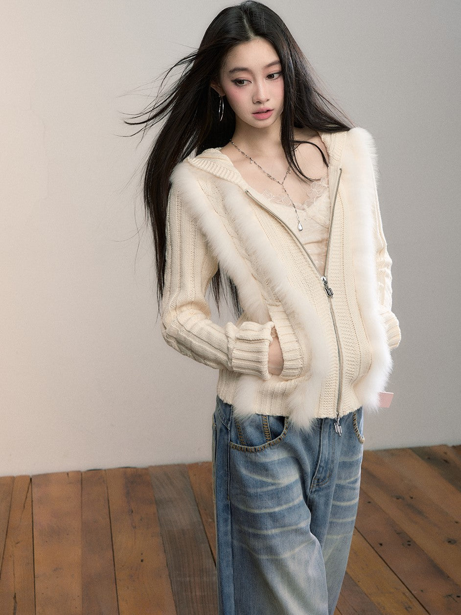 Fur Patchwork Knitted Hooded Cardigan VIA0356