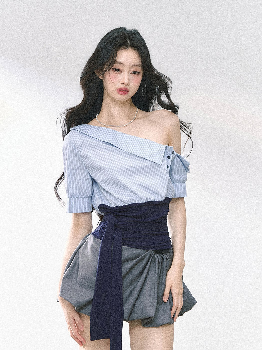 Oblique Shoulder Striped Shirt/Dress DIA0463