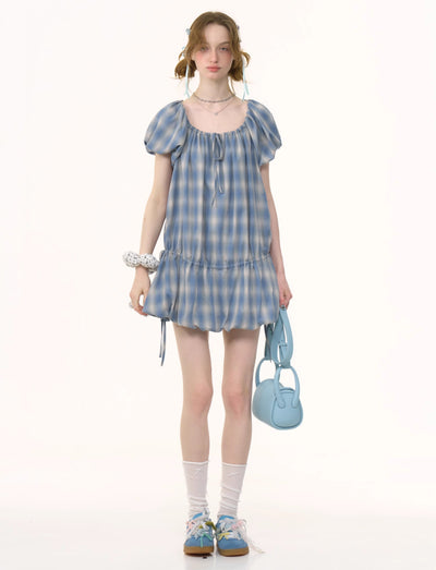 Blue Plaid Puff Sleeve Dress ZIZ0256