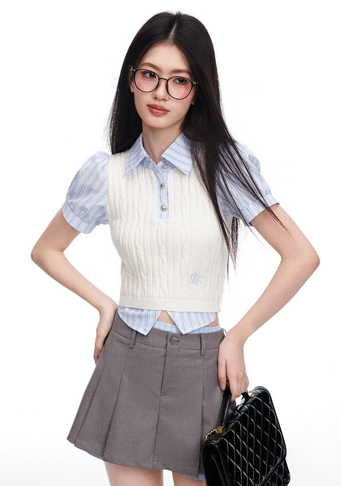 Fake Two-piece Puff Sleeve Striped Short-sleeved Shirt Cable Knit/Skirt Pants NTO0091