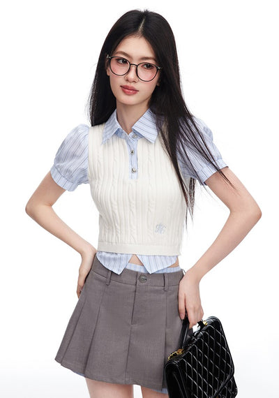 Fake Two-piece Puff Sleeve Striped Short-sleeved Shirt Cable Knit/Skirt Pants NTO0091