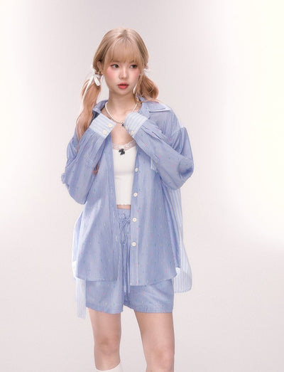 Blue Lapel Long Sleeve Striped Shirt/Loose Shorts QDQ0067