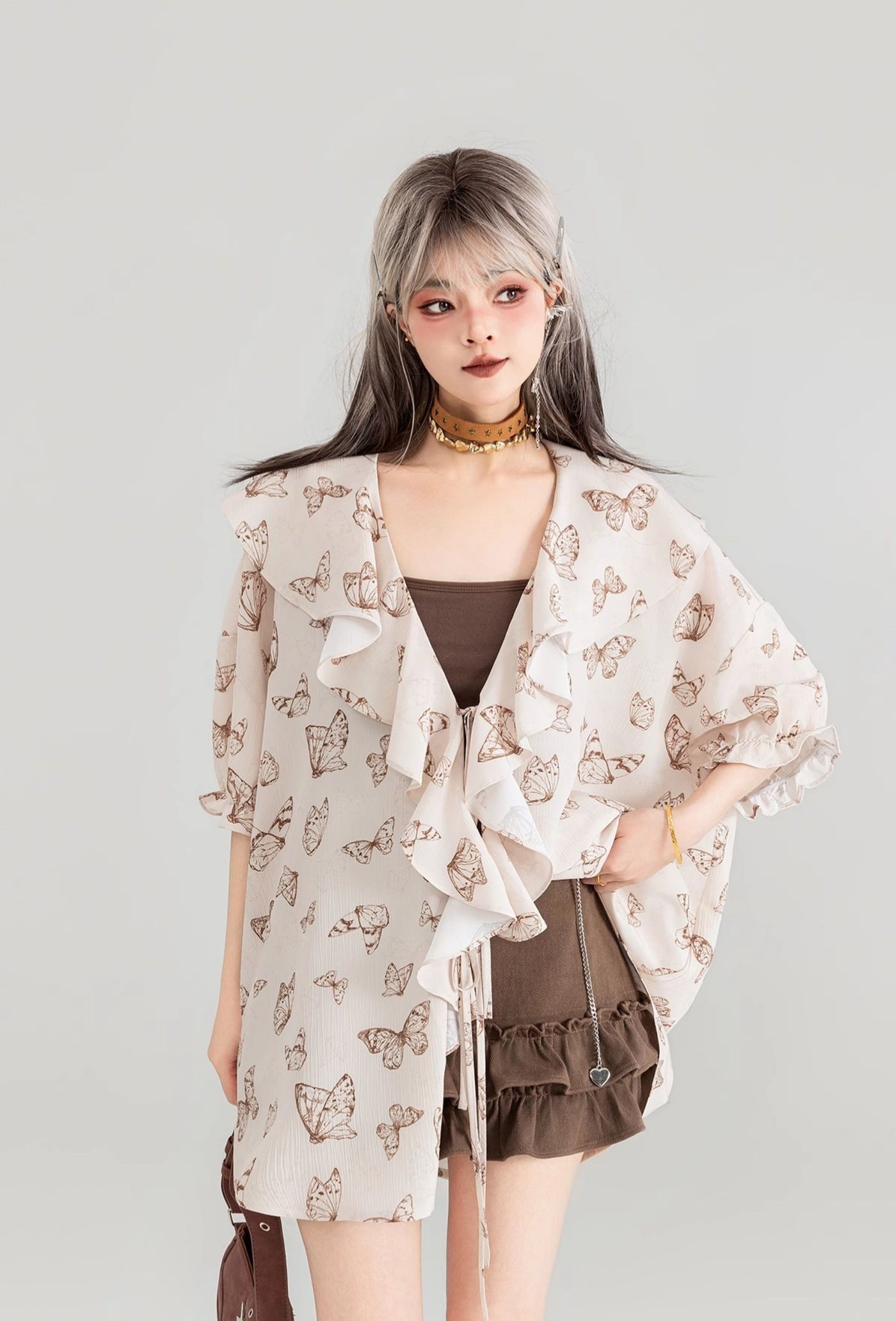 Butterfly Print Loose Lace Large Ruffled Chiffon Shirt/Plaid Skirt KEI0059