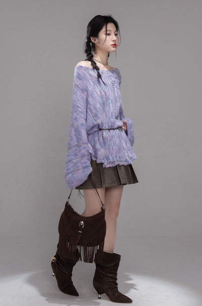 Purple Flower One Shoulder Sweater COT0363
