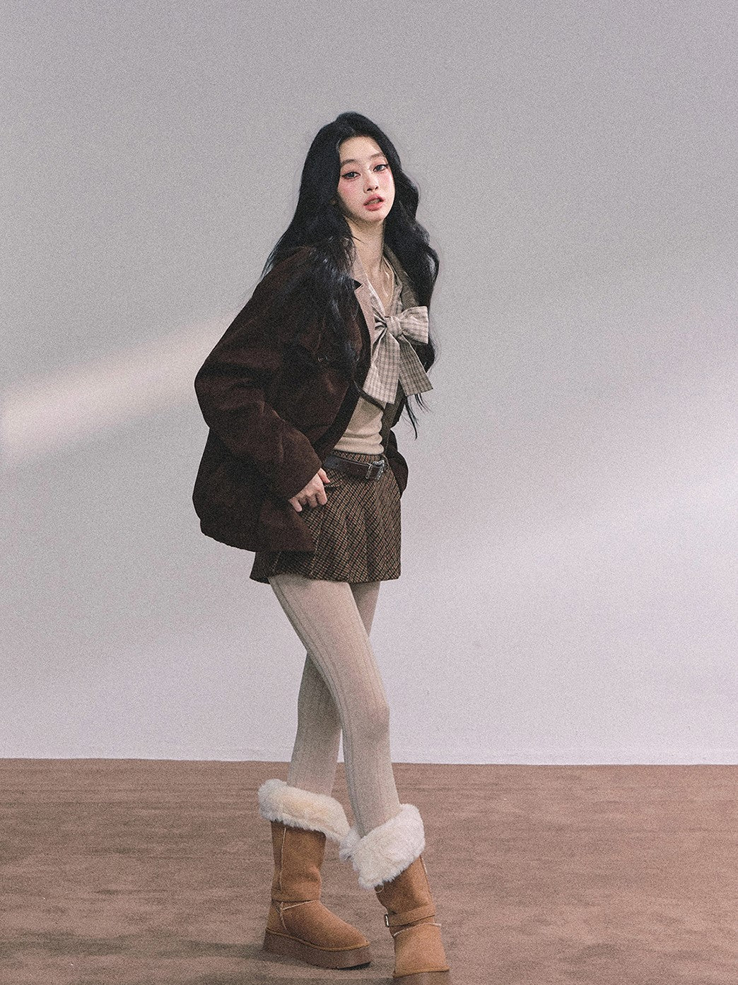 Fake Two-piece Bow Plaid Knit DIA0612