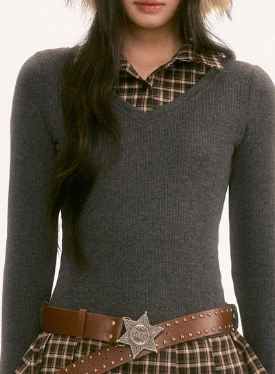 Preppy Style Knitted Plaid Patchwork Dress WEE0124