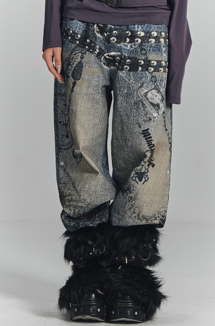 Chain Digital Print Wide-leg Jeans KIN0132