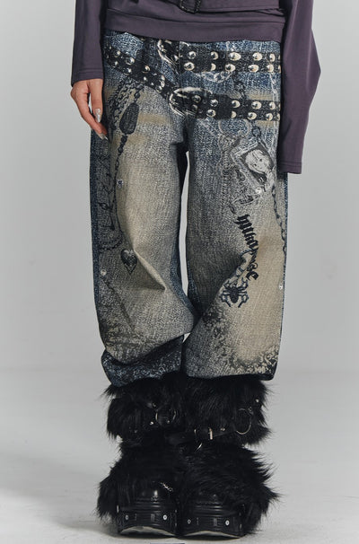 Chain Digital Print Wide-leg Jeans KIN0132