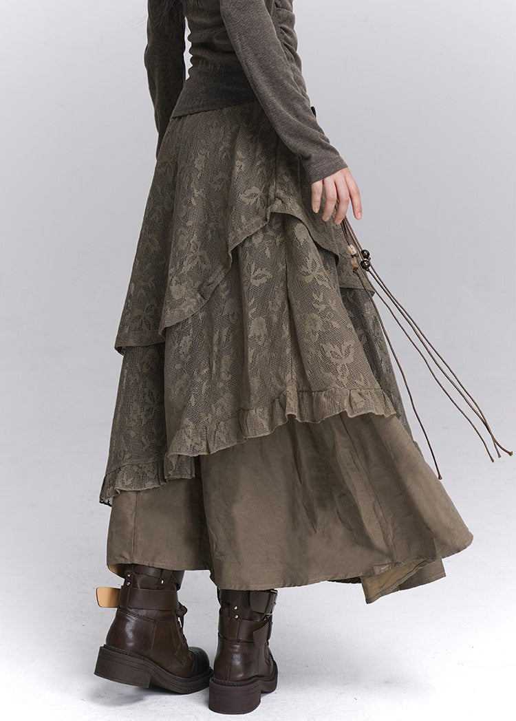 Brown Lace Cake Long Skirt LAD0250