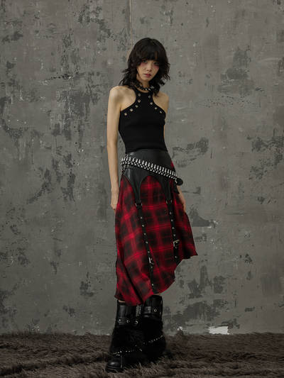 Dark Punk Street Rock Splicing A-line Black And Red Plaid Skirt FRU0032