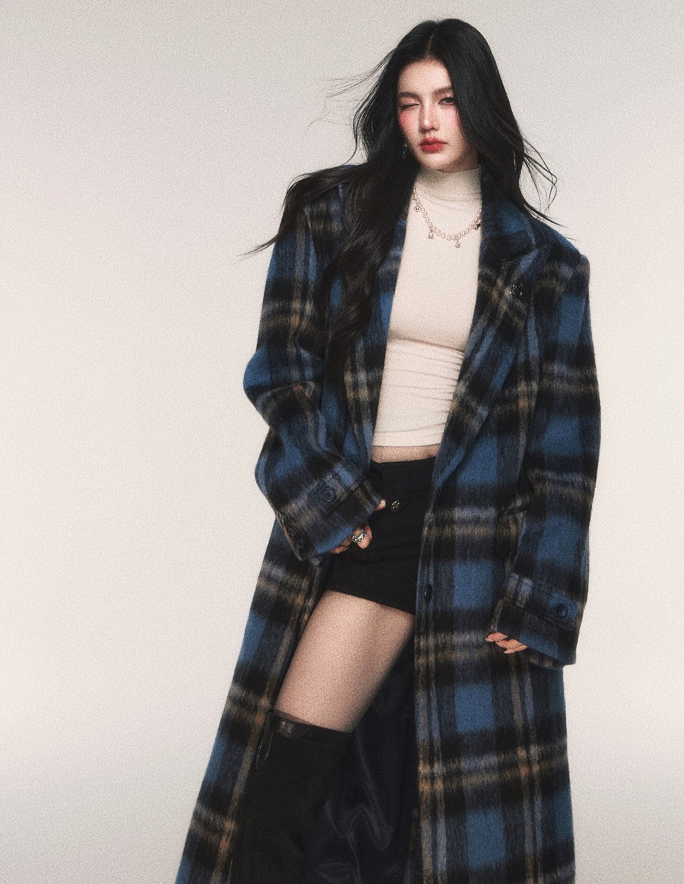 Blue Plaid Long Wool Coat LUL0215
