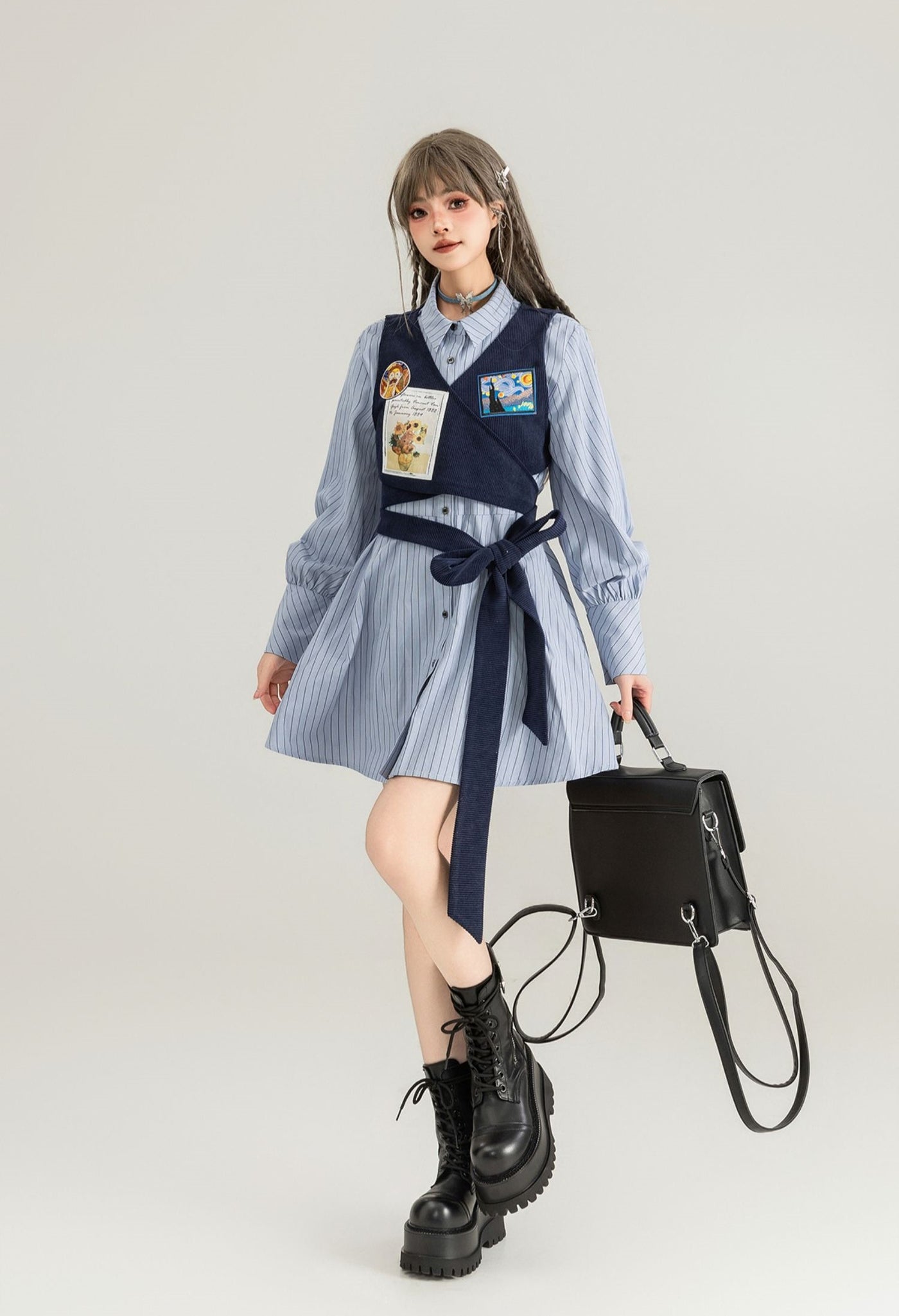 American College Fake Two-piece Striped Shirt Dress KEI0045