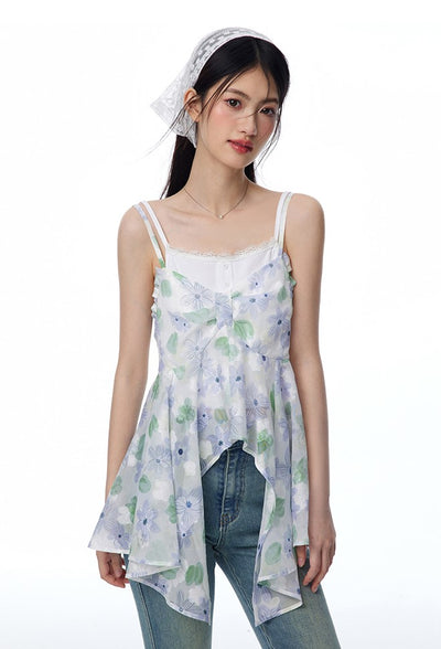 Blue And Green Flower-cut Suspender Bow Top/White Camisole NTO0116