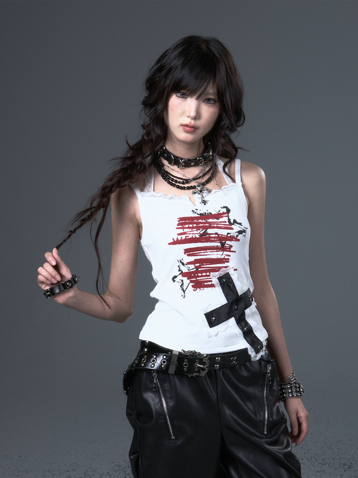 Punk Print Cross Lace Camisole FRU0101