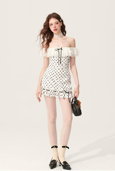 White Polka Dot Lace One Shoulder Dress DIA0177