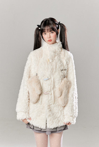 Colorful Horn Button Furry Lambswool Coat/Pleated Skirt TBI0043