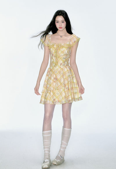 Ruffle Floral Plaid Dress FRA0364