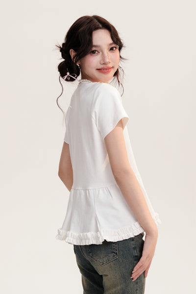 Wave Sunset Bow Lace Short Sleeves T-shirt AOO0009