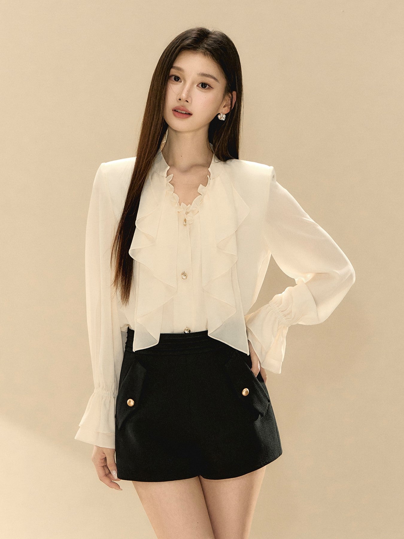 White V-neck Ruffle Shirt OSH0135