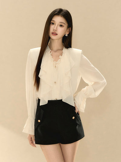 White V-neck Ruffle Shirt OSH0135