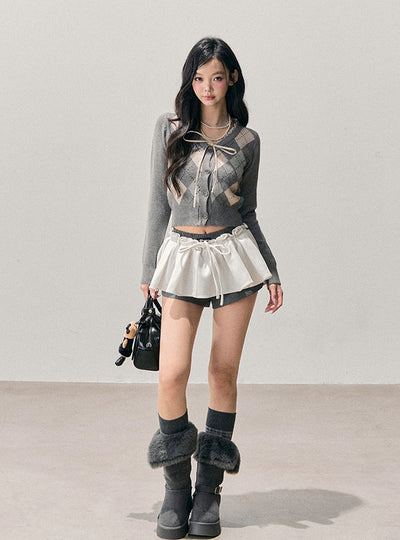 French Argyle Knitted Short Cardigan DIA0763