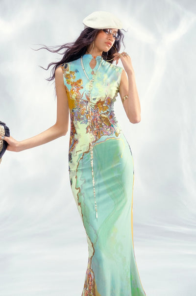 Contrast Color Printed Chinese Dress OFA0245