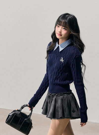 Plaid Collar Cable Knit Sweater DIA0751