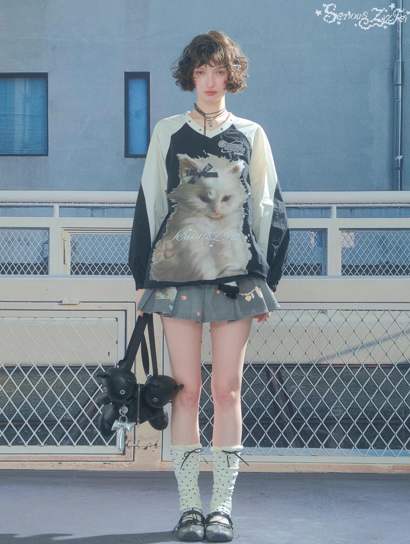 Cat Print Sports Style V-neck Sweatshirt ZIZ0298