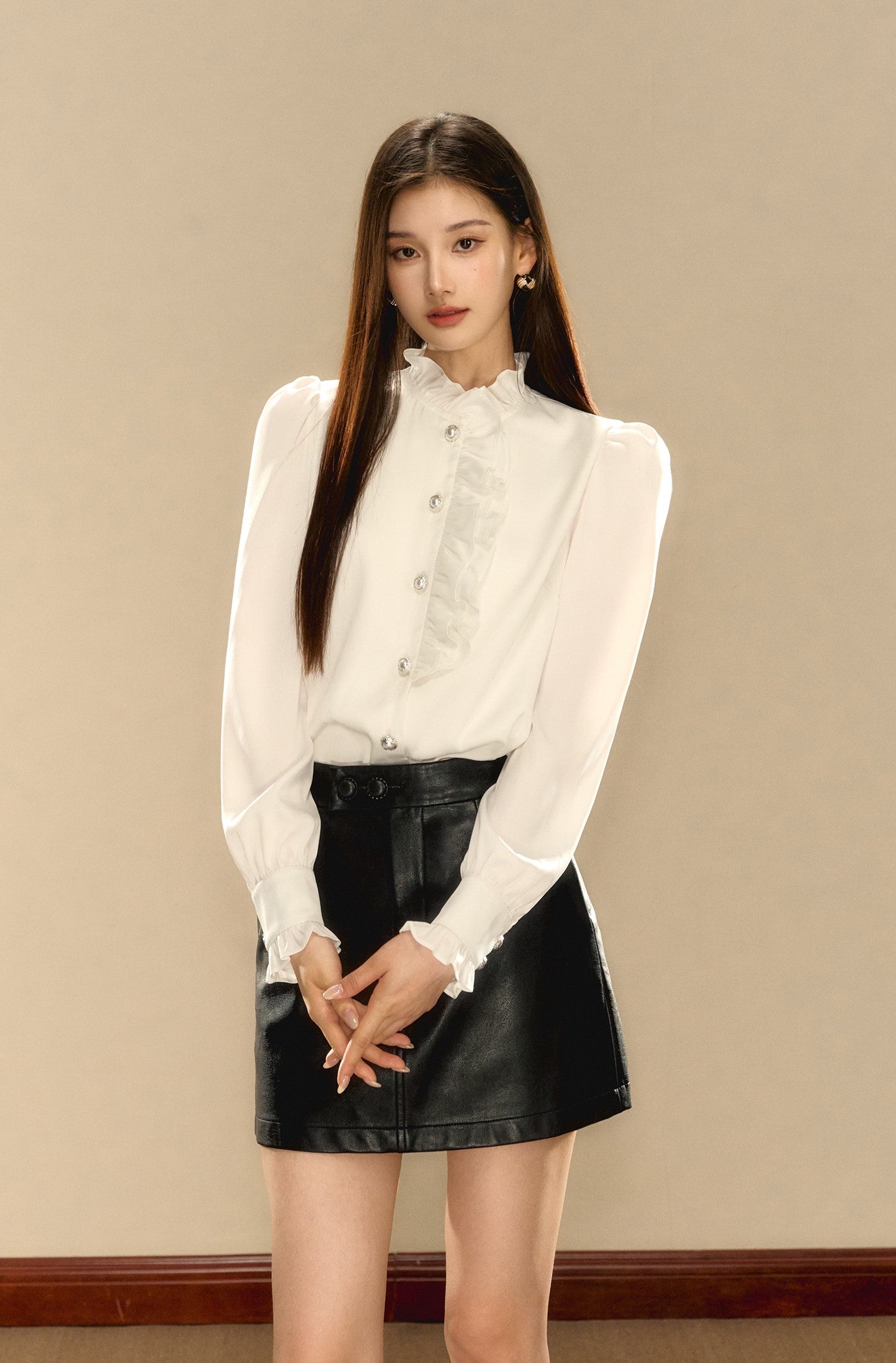 All-match Black Leather High Waist Slim A-line Short Skirt OSH0082