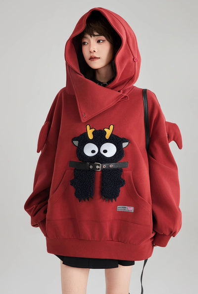 Cartoon Embroidered Lazy Style Loose Hoodie/Black Skirt KEI0179