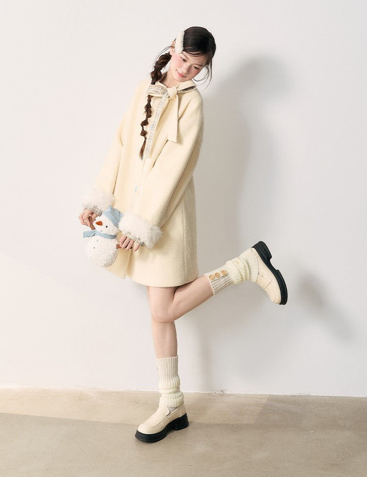 Bow Tie Plaid Patchwork Wool Coat NTO0244