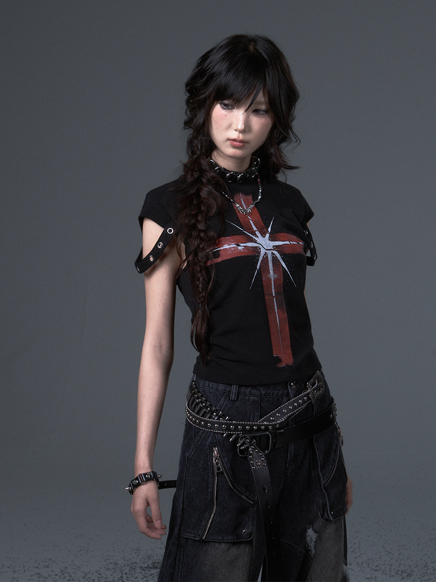 Punk Cross Print Short T-shirt FRU0105