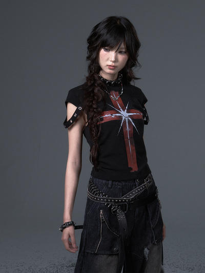 Punk Cross Print Short T-shirt FRU0105