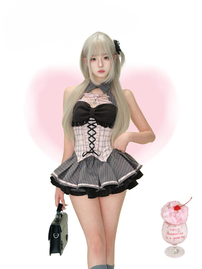 Lace Plaid Top/Gray Striped Skirt SER0152