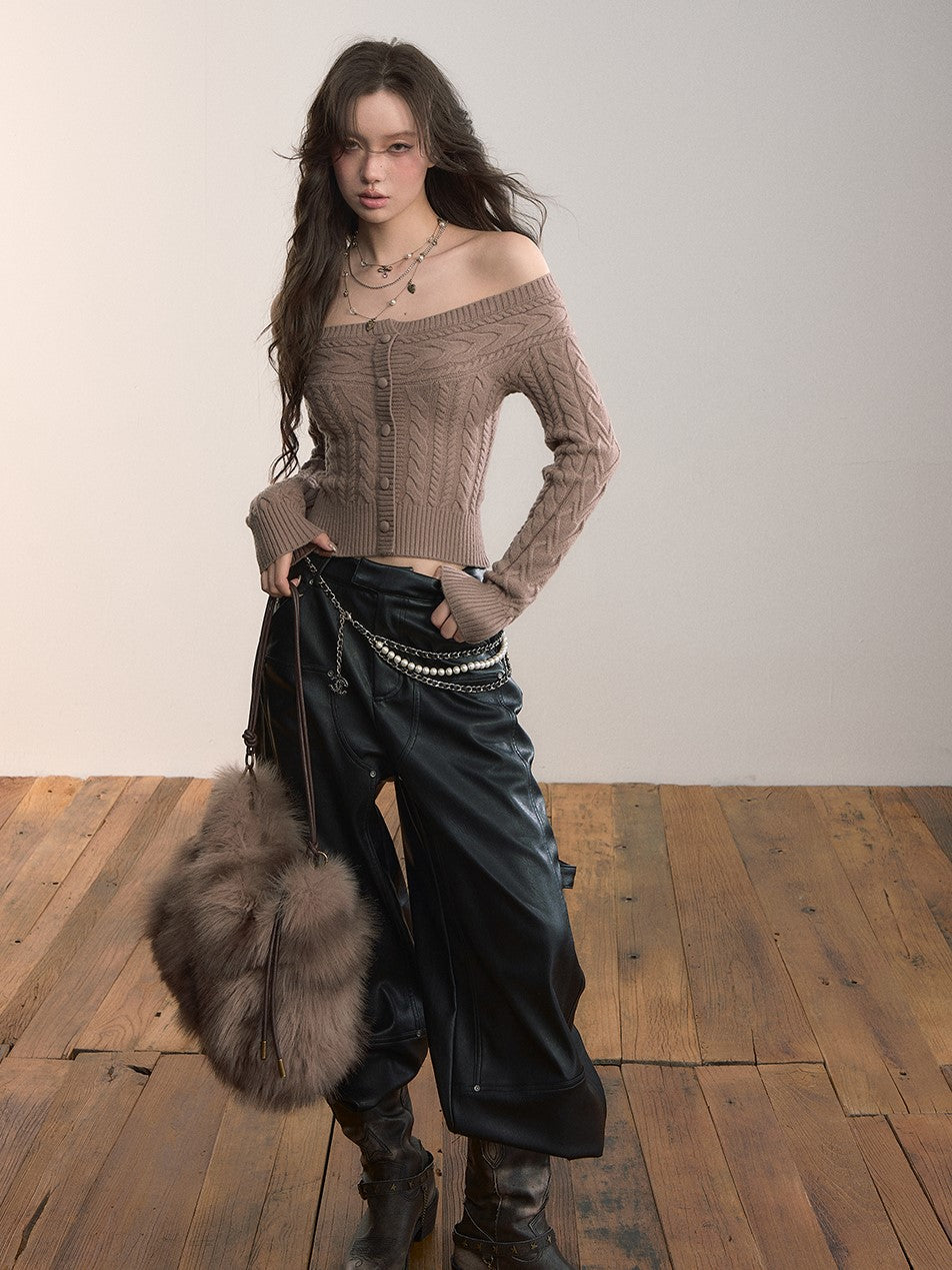 Off-shoulder Round Neck Short Cable Sweater VIA0372