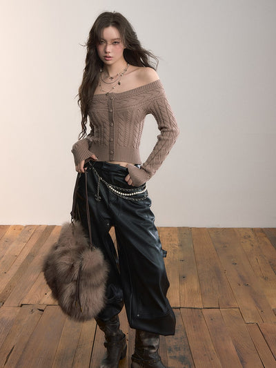 Off-shoulder Round Neck Short Cable Sweater VIA0372