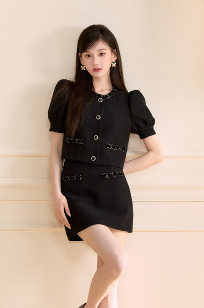 Black Puff Sleeves Short Jacket/Skirt OSH0148