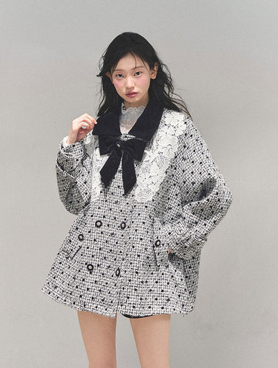 Detachable Bow Lace Plaid Coat DIA0767