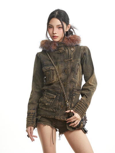 Retro Fur Collar Workwear Denim Jacket UNC0321
